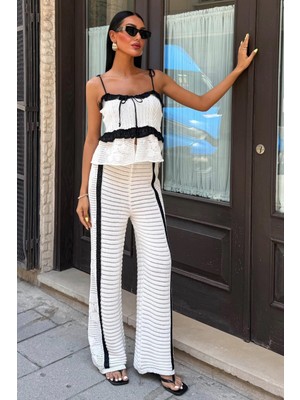 Kadın Ekru Pamuk Polyester Askılı Uzun Triko Takım