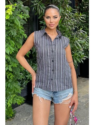 Kadın Siyah Çizgili Desen, Dokulu Bodrum Kumaş, Kolsuz Rahat Gömlek