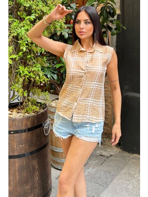 Kadın Bej Ekose Desen, Dokulu Bodrum Kumaş, Kolsuz Rahat Gömlek