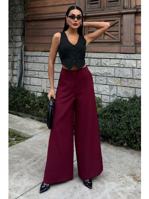 Kadın Bordo Uzun Dokuma Bol Paça Pantolon