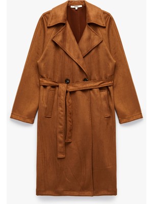 Cepli Kruvaze Yaka Kemerli Uzun Suni Süet Trençkot