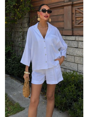 Kadın Beyaz Ayrobin Kısa Şortlu Gömlek Yaka Takım