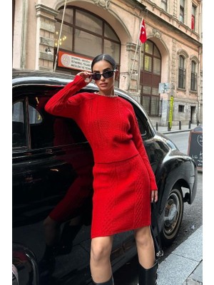 Kadın Kırmızı Örme Slim Bisiklet Yaka Uzun Kollu Takım