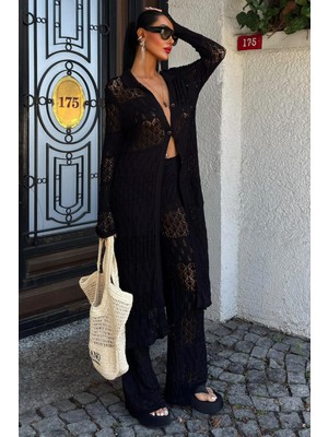 Kadın Siyah Viskon Dokuma Uzun Hırka Takım