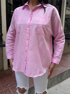 Pembe Oversize Pamuk Karışımlı Cepli Gömlek