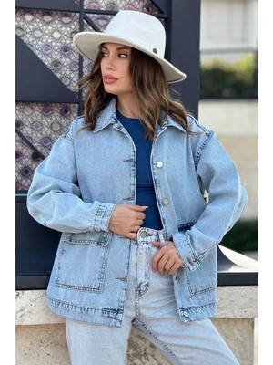 Kadın Buz Mavi Geniş Cepli, Kaliteli Jeans Kumaş, Salaş Kot Ceket