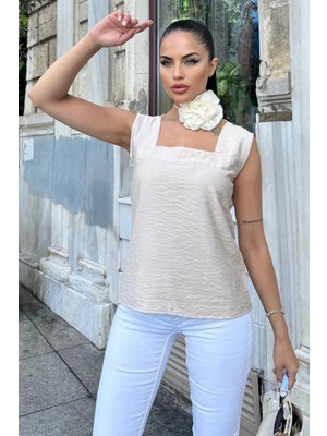 Kadın Bej Kalın Askılı, Kare Yaka, Salaş Keten Bluz