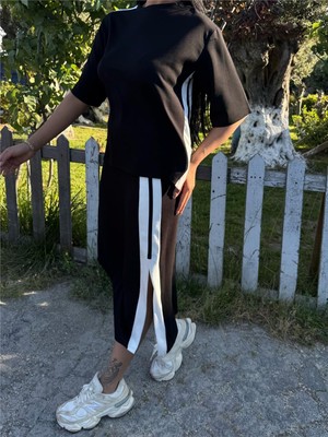 Siyah Polyester Keten Çizgili Yandan Takım