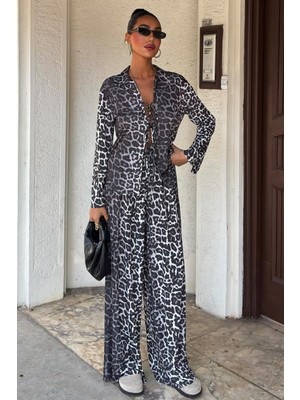 Kadın Siyah Animal Desenli Uzun Dokuma Polo Yaka Takım