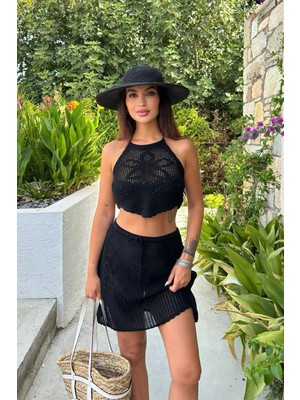 Kadın Siyah Pamuk Askılı Kolsuz Crop Takım