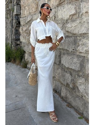 Kadın Beyaz Keten Uzun Gömlek Yaka Takım