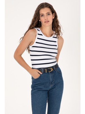 U.S. Polo Assn. Kadın Beyaz Çizgili Kolsuz Bisiklet Yaka Tişört 50307275-VR013