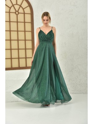 Neşeli Butik Kadın Zümrüt Yeşil Simli Kumaş Askılı Uzun Abiye NBS9276
