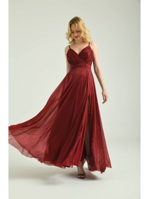 Neşeli Butik Kadın Bordo Yeşil Simli Kumaş Askılı Uzun Abiye NBS9276