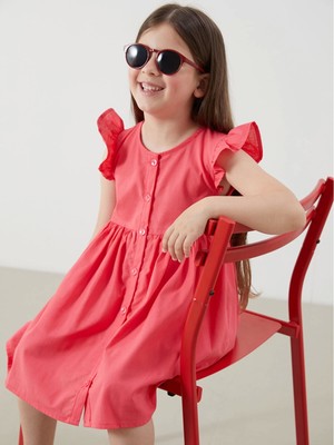 Lcw Kids Kirmizi Pileli Kız Çocuk Keten Görünümlü Gömlek Elbise