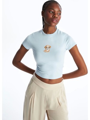 Xsıde Mavi Bisiklet Yaka Köpek Baskılı Kadın Crop