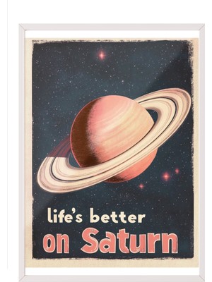 Zestia Beyaz Çerçeveli Tablo, Satürn ve Tipografi, Retro Uzay Teması Poster No: 107411
