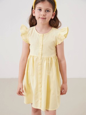 Lcw Kids Sari Pileli Kız Çocuk Keten Görünümlü Gömlek Elbise