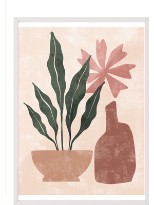 Beyaz Çerçeveli Tablo, Pembe Vazo ve Çiçekler, Organik Şekillerle Minimal Stil Poster No: 107950