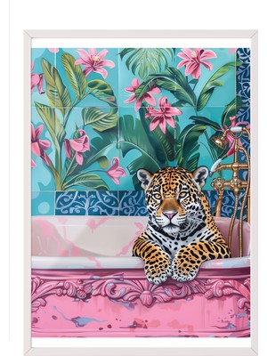 Zestia Beyaz Çerçeveli Tablo, Leopar, Çiçekli Duvar Kağıdı, Dijital Sanat Poster No: 106548