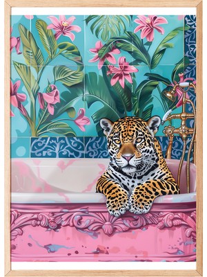 Zestia Ahşap Çerçeveli Tablo, Leopar, Çiçekli Duvar Kağıdı, Dijital Sanat Poster No: 106548