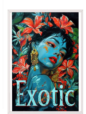 Zestia Beyaz Çerçeveli Tablo, Kadın Portresi, Kırmızı Çiçekler ve Mavi Ten, Exotic Yazılı Poster No: 106584