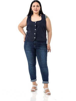 Büyük Beden Düğme Detaylı Lacivert Bluzan Yelek