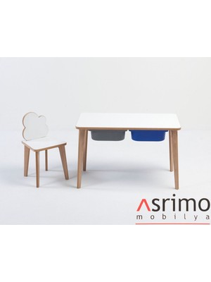 Ahşap Çocuk Aktivite Masa Sandalye Takımı - Bulut Figürlü, Yaz Sil Yüzeyli - Çekmeceli - Dikdörtgen