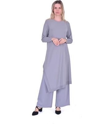 Asimetrik Triko Tunik Gri