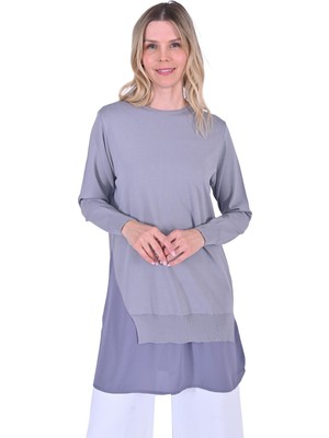 Gömlek Detaylı Triko Tunik Gri