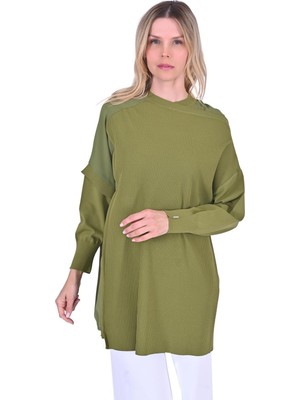 Körüklü Triko Tunik Yağyeşili