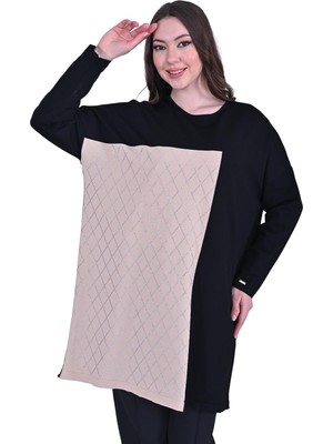 Baklava Taşlı Triko Tunik Siyah