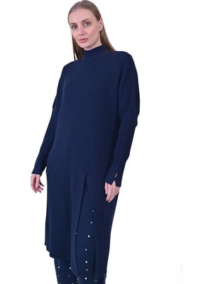 Yırtmaç Yün Tunik Indigo