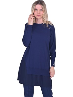 Gömlek Detaylı Triko Tunik Lacivert