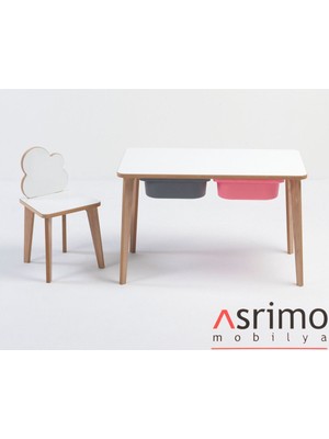 Ahşap Çocuk Aktivite Masa Sandalye Takımı - Bulut Figürlü, Yaz Sil Yüzeyli - Çekmeceli - Dikdörtgen