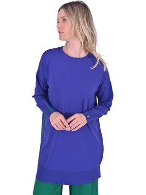 Oversize Renk Detaylı Triko Tunik Morcivert