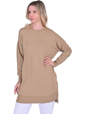 Oversize Renk Detaylı Triko Tunik Camel
