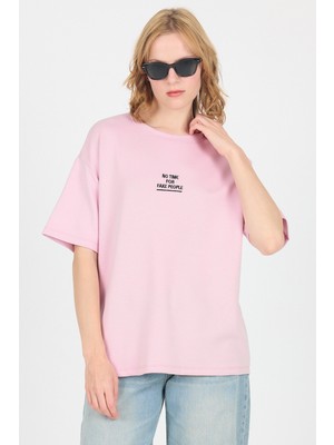 Pembe Yumuşak Dokulu Yazı Baskılı Oversize Tişört 6265