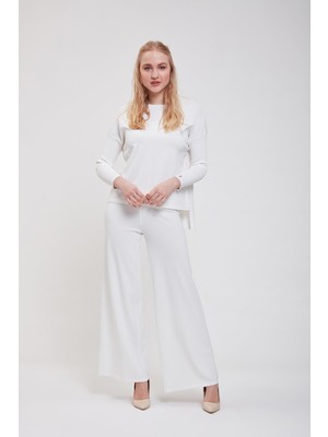 Düz Paça Triko Pantolon Ekru