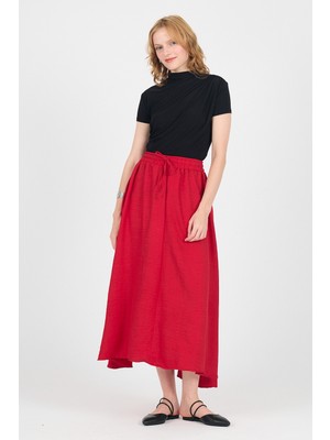 Kırmızı Pamuklu Beli Lastikli Midi Etek 8024A