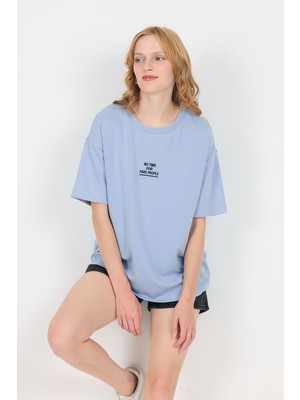 Mavi Yumuşak Dokulu Yazı Baskılı Oversize Tişört 6265