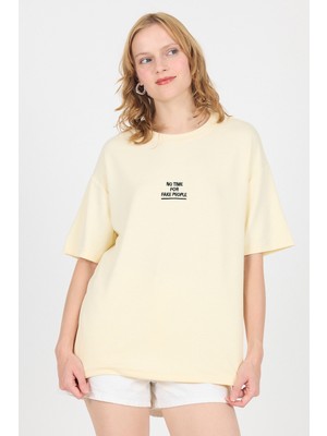 Sarı Yumuşak Dokulu Yazı Baskılı Oversize Tişört 6265