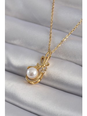 Sinerji Shop 316L Çelik Gold Renk Zirkon Taş Detay Incili Kadın Kolye - TJ-BKO8354