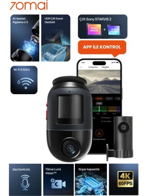 70MAI Dash Cam Omni X800-2 Set Ultra Hd 4K Çözünürlük Araç Kamerası , 360° Dönebilen 4K Araç Kamerası,çift 4K Ön ve Arka Kamera RC14 ve 128 GB Sd Kart,süper Algılama Adas,aı Hareket Algılama 2.0 Siyah