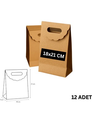 El Geçme Kraft Çanta, Hediye, Alışveriş, Butik, Parti ve Paketleme Çantası, 18X21 Cm, 12 Adet