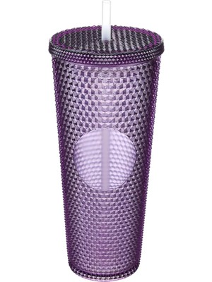 750 ml Kapaklı ve Pipetli Soğuk Içecek Bardağı - Mor Kristal Desenli Seyahat Kupası, Termal Yapı, Buzlu Doku, Buzlu Kahve Smoothie Bardak Taşınabilir Yazlık Plastik Bardak (Mürdüm)