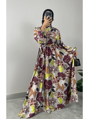 Çiçek Desenli Saten Tesettür Elbise