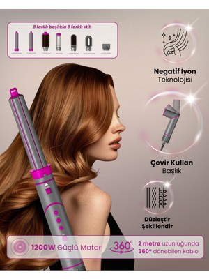 Mieco Aria 8 In 1 İyon Özellikli Saç Kurutma ve Şekillendirme Seti 1200 W Pembe Renkli Profesyonel Kullanım