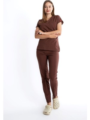 Uçak İş Giyim Kakao U-flex Likralı Cerrahi Takım