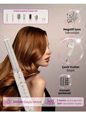 Mieco Aria 8 In 1 Şampanya Renkli İyon Özellikli Saç Kurutma ve Şekillendirme Seti 45 mm Titanyum Plaka